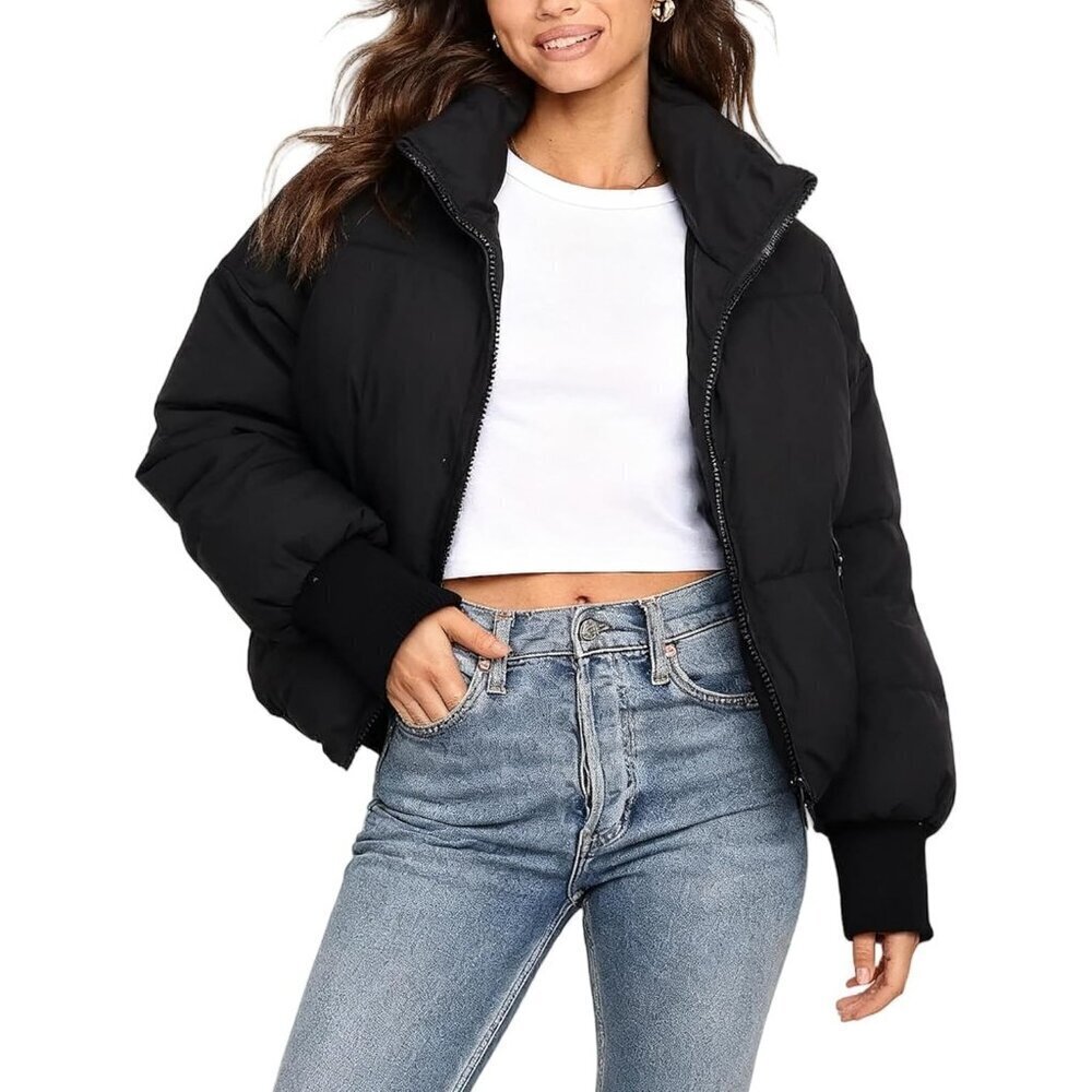Women's Puffer Jacket Oversized Cropped Puffy Quilted Winter Jackets Coat Black